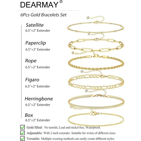 Women's Gold Bracelet Pack DEARMAY 14K Plated Dainty Stackable Cuban Paperclip - Picture 5 of 8